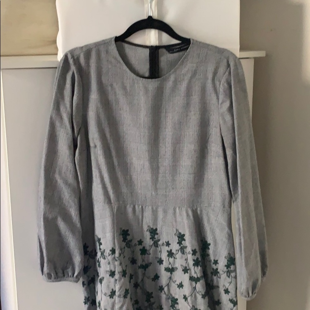 Grey checkered dress with green floral embroidery